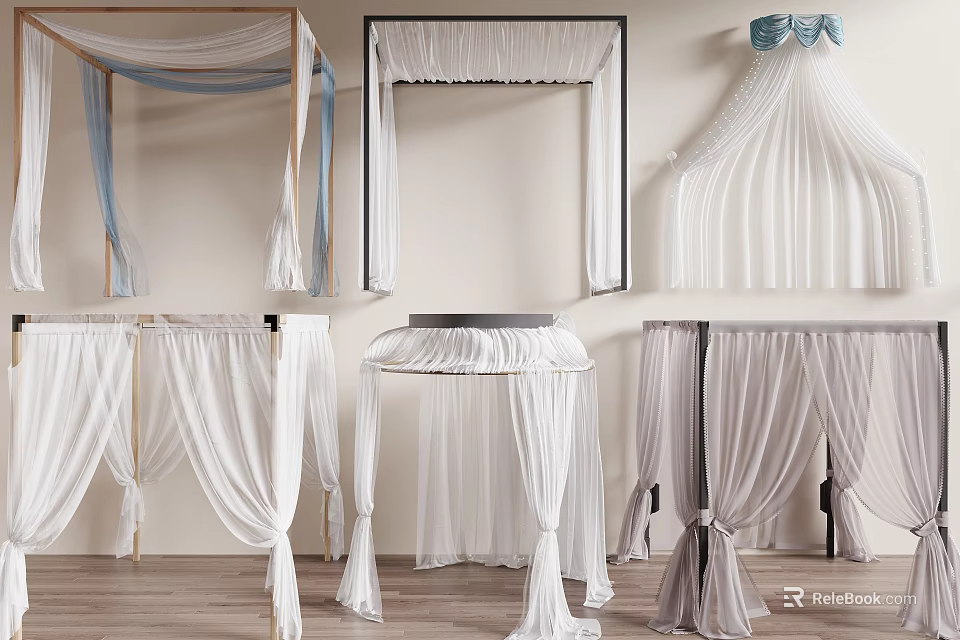 Different Styles Of Elegant Canopy Beds With Light Colored Drapes 3d model 
