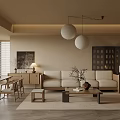 Modern Living Room Interior Design Featuring Beige Sofa Wooden Furniture Round Pendant Lights And Blinds
