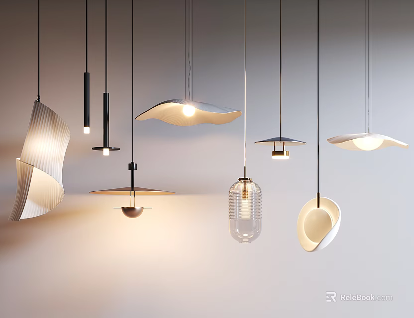 Modern Pendant Lighting Combination With Different Curved Flat And Transparent Glass Designs Illuminated Warm Light 3d model 