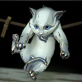 White Cat Doll Hanging On Clothesline With Wooden Frame And Clothespins