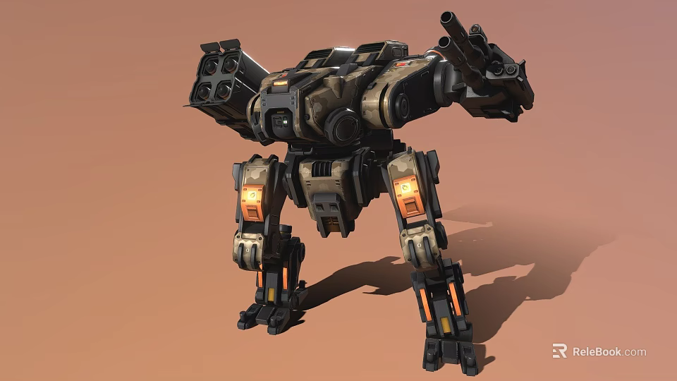 Sci Fi Combat Mech With Cannons Orange Leg Lights And Metallic Texture 3d model 