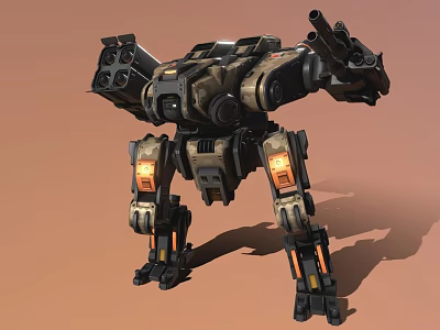 Sci Fi Combat Mech With Cannons Orange Leg Lights And Metallic Texture 3d model