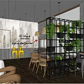 Cozy Restaurant Interior With Green Plants Black Metal Shelves Wooden Tables And Tree Pattern Wallpaper