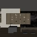 Traditional Tea Room Interior With Wooden Shelves Stone Tea Table And Futon Seats
