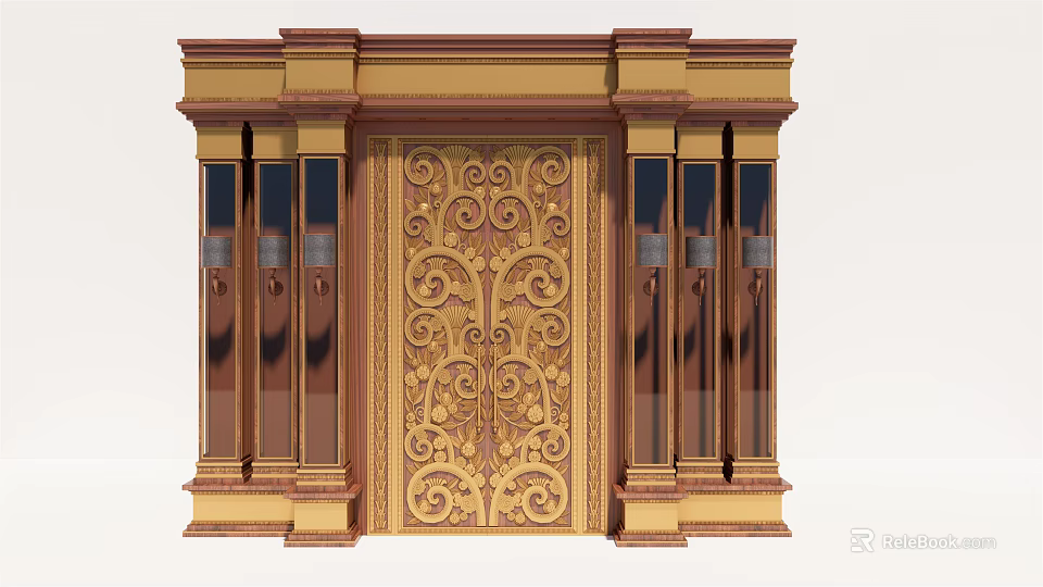 Ornate Entrance Door with Intricate Golden Carvings and Brown Glass Panel Columns 3d model 