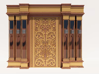 Ornate Entrance Door with Intricate Golden Carvings and Brown Glass Panel Columns 3d model