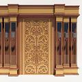 Ornate Entrance Door with Intricate Golden Carvings and Brown Glass Panel Columns