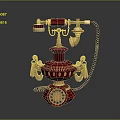 Vintage Red Telephone With Gold Decorations And Rotary Dial Design Elements