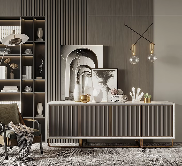 Modern TV Stand With Wooden Panels And Decorative Ornaments On Top 3d model 