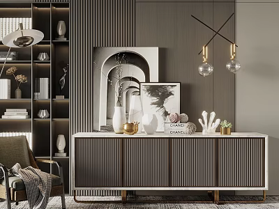 Modern TV Stand With Wooden Panels And Decorative Ornaments On Top 3d model