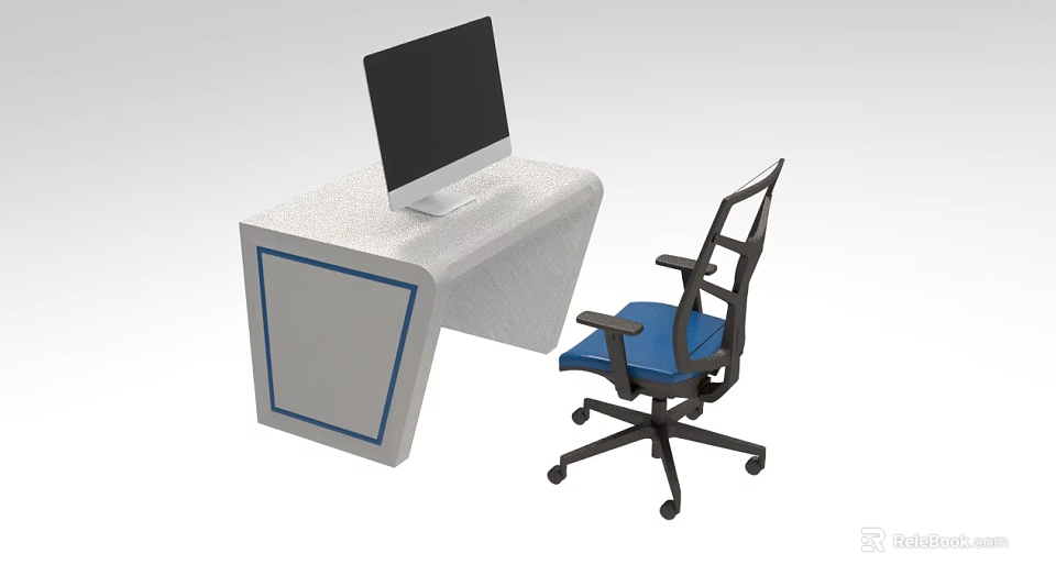Industrial Equipment White Workbench With Monitor And Blue Office Chair Setup 3d model 