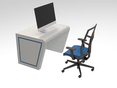 Industrial Equipment White Workbench With Monitor And Blue Office Chair Setup 3d model