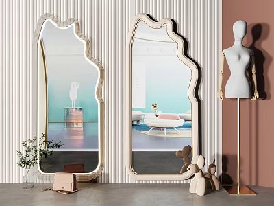 Elegant Modern Mirrors with Unique Shape in Room Featuring Striped Wall Mannequin and Figurines 3d model