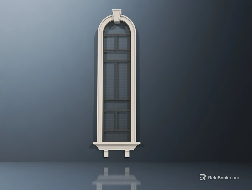 Elegant Arched Casement Window With White Frame And Black Grid Glass 3d model 