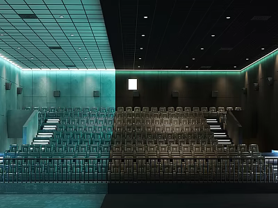 Spacious Modern Cinema Interior Featuring Neatly Arranged Seats And Ambient Lighting 3d model