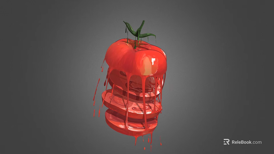 Fresh Sliced Tomato with Red Juice Dripping and Green Leaves on Top 3d model 