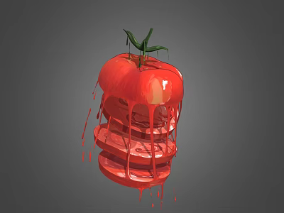 Fresh Sliced Tomato with Red Juice Dripping and Green Leaves on Top 3d model