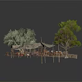 Outdoor Camping Scene With Canvas Tents Trees Wooden Tables And Stones