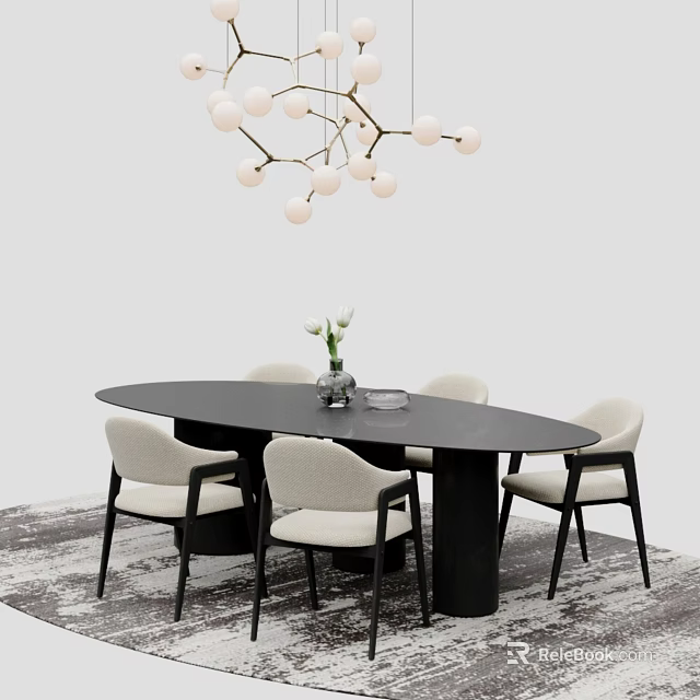 Modern Dining Chairs Surrounding Black Oval Table With Hanging Pendant Light Vase And Area Rug 3d model 