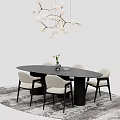 Modern Dining Chairs Surrounding Black Oval Table With Hanging Pendant Light Vase And Area Rug