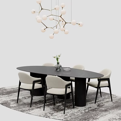 Modern Dining Chairs Surrounding Black Oval Table With Hanging Pendant Light Vase And Area Rug 3d model