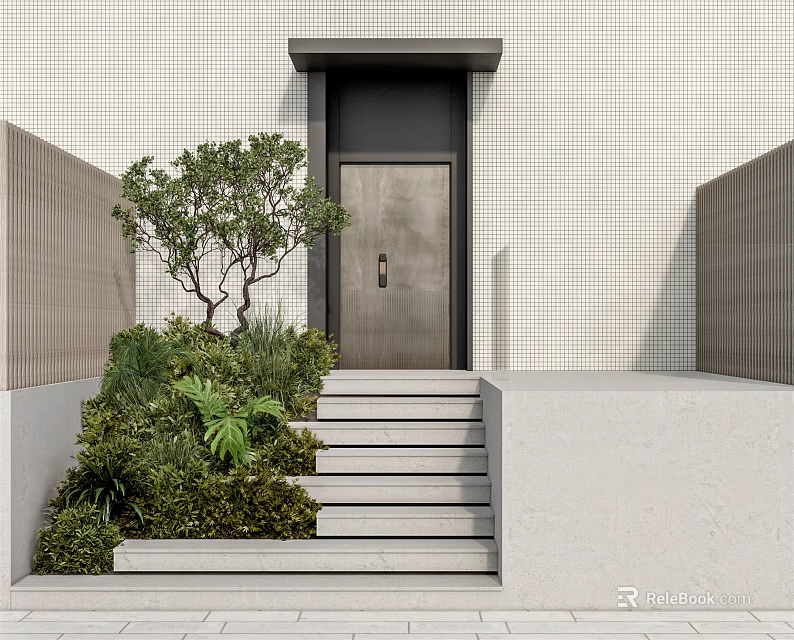 Modern House Entrance Stairs With White Wall Black Door And Green Plants 3d model 