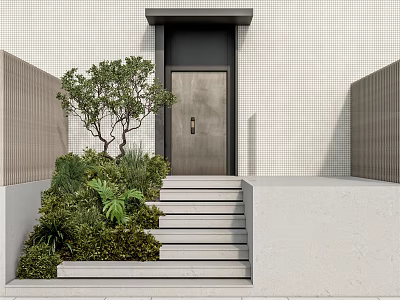 Modern House Entrance Stairs With White Wall Black Door And Green Plants 3d model