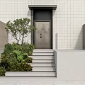 Modern House Entrance Stairs With White Wall Black Door And Green Plants