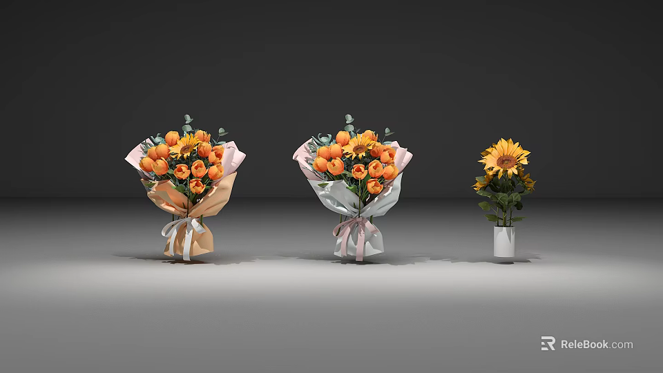 Orange Flower Bouquets With Green Leaves Wrapping Paper Ribbons And Sunflower In White Vase 3d model 