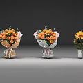 Orange Flower Bouquets With Green Leaves Wrapping Paper Ribbons And Sunflower In White Vase