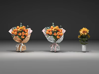 Orange Flower Bouquets With Green Leaves Wrapping Paper Ribbons And Sunflower In White Vase 3d model