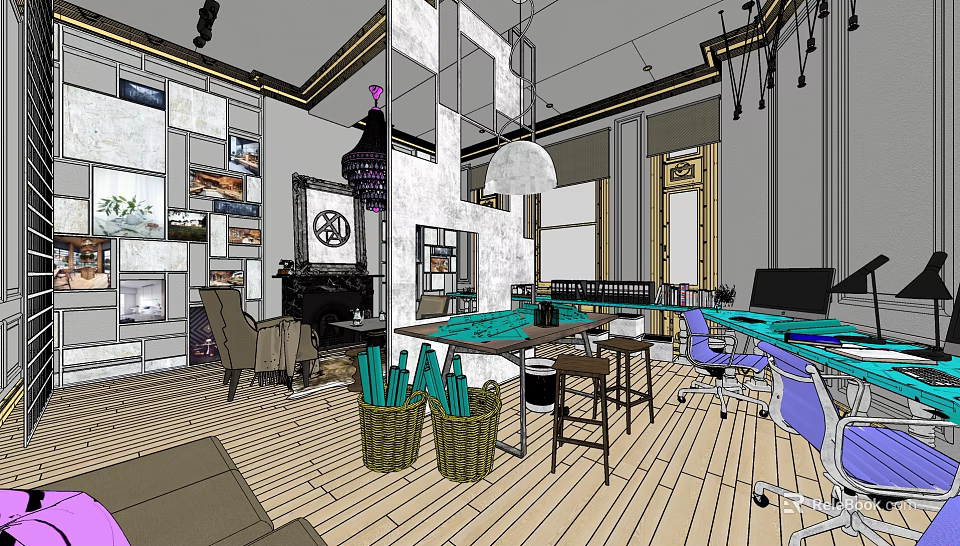Modern Public Office Space With Open Layout Wooden Floors Pendant Lights And Green Plants 3d model 