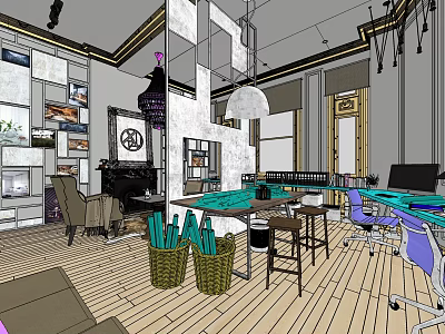 Modern Public Office Space With Open Layout Wooden Floors Pendant Lights And Green Plants 3d model