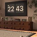 Wooden TV Stand with Square Knobs Drawers Potted Plant Table Lamp Books Radio on Top