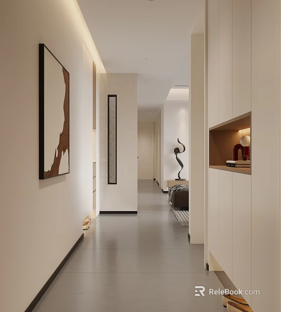 Modern Dining Living Room Interior With Beige Walls Grey Flooring White Cabinets And Artwork Sculpture 3d model 