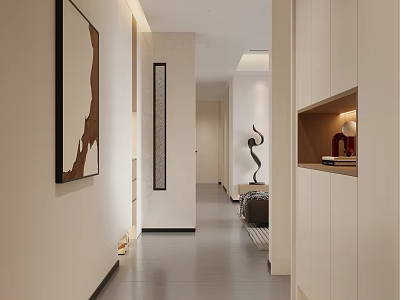 Modern Dining Living Room Interior With Beige Walls Grey Flooring White Cabinets And Artwork Sculpture 3d model
