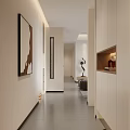 Modern Dining Living Room Interior With Beige Walls Grey Flooring White Cabinets And Artwork Sculpture