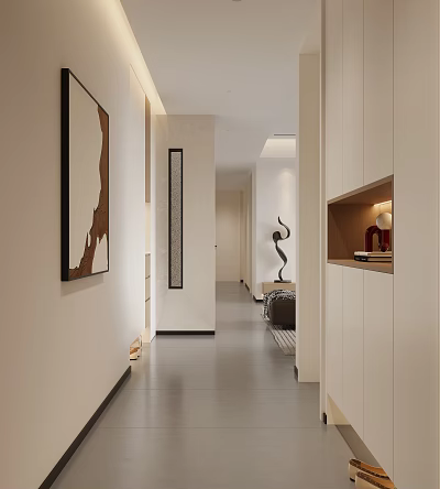 Modern Dining Living Room Interior With Beige Walls Grey Flooring White Cabinets And Artwork Sculpture 3d model