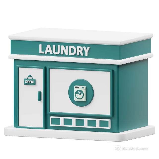 Teal And White Laundry Shop Building With Open Door And Circular Control Panel 3d model 