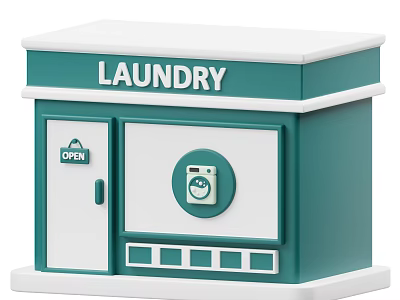 Teal And White Laundry Shop Building With Open Door And Circular Control Panel 3d model