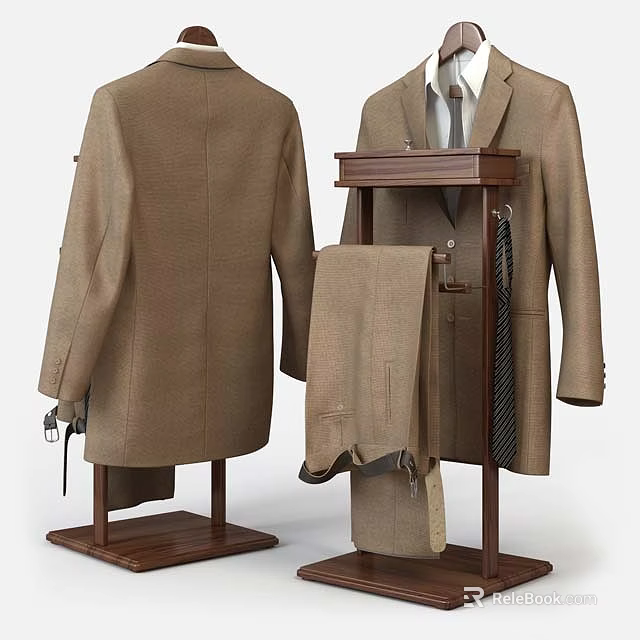 Brown Men's Wool Blend Suit Set with Coat Pants Tie on Wooden Display Stand 3d model 
