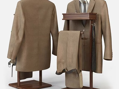 Brown Men's Wool Blend Suit Set with Coat Pants Tie on Wooden Display Stand 3d model