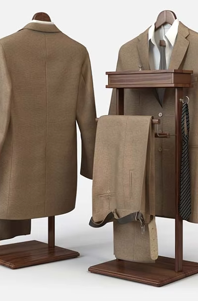Brown Men's Wool Blend Suit Set with Coat Pants Tie on Wooden Display Stand 3d model