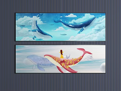 Whales In Sky With Clouds And Girl On Red Whale With Golden Patterns 3d model
