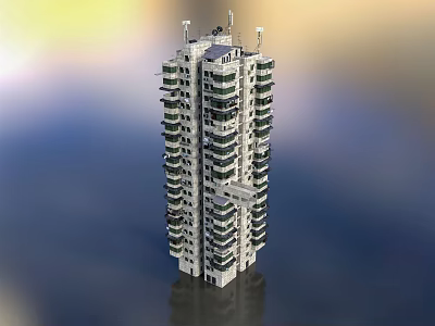 Modern High Rise Building With Balconies Top Antennas And Water Reflection 3d model