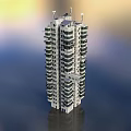 Modern High Rise Building With Balconies Top Antennas And Water Reflection
