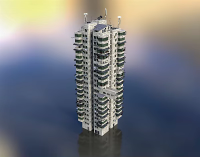 Modern High Rise Building With Balconies Top Antennas And Water Reflection 3d model