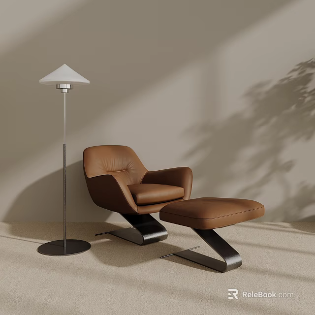Modern Leather Armchair With Ottoman And Floor Lamp In Minimalist Interior 3d model 