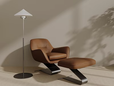 Modern Leather Armchair With Ottoman And Floor Lamp In Minimalist Interior 3d model