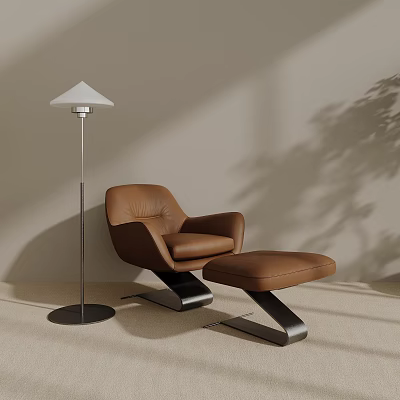 Modern Leather Armchair With Ottoman And Floor Lamp In Minimalist Interior 3d model